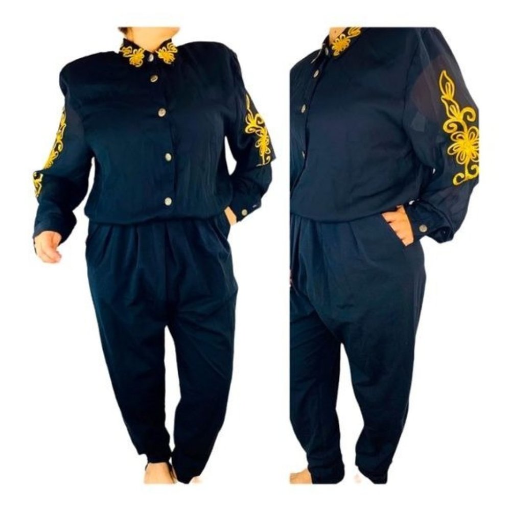 80s Jumpsuit Stirrups PG Collection by Ginger Bort Romper Gold Embroidery XL